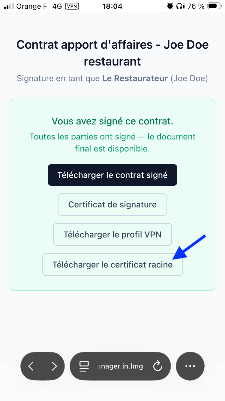 Toucher Télécharger le certificat racine sur la page du contrat