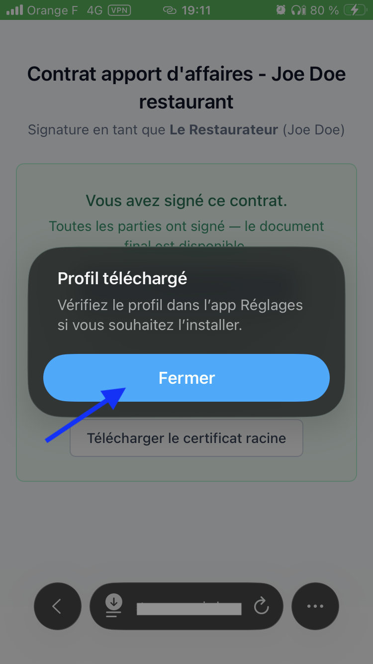 Fermer le message Profil téléchargé
