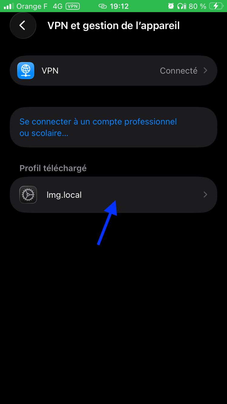 Toucher le profil dans VPN et gestion de l’appareil