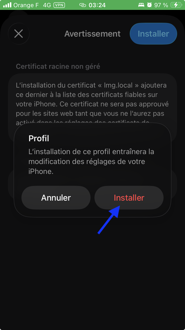 Confirmer l’installation dans la fenêtre Profil