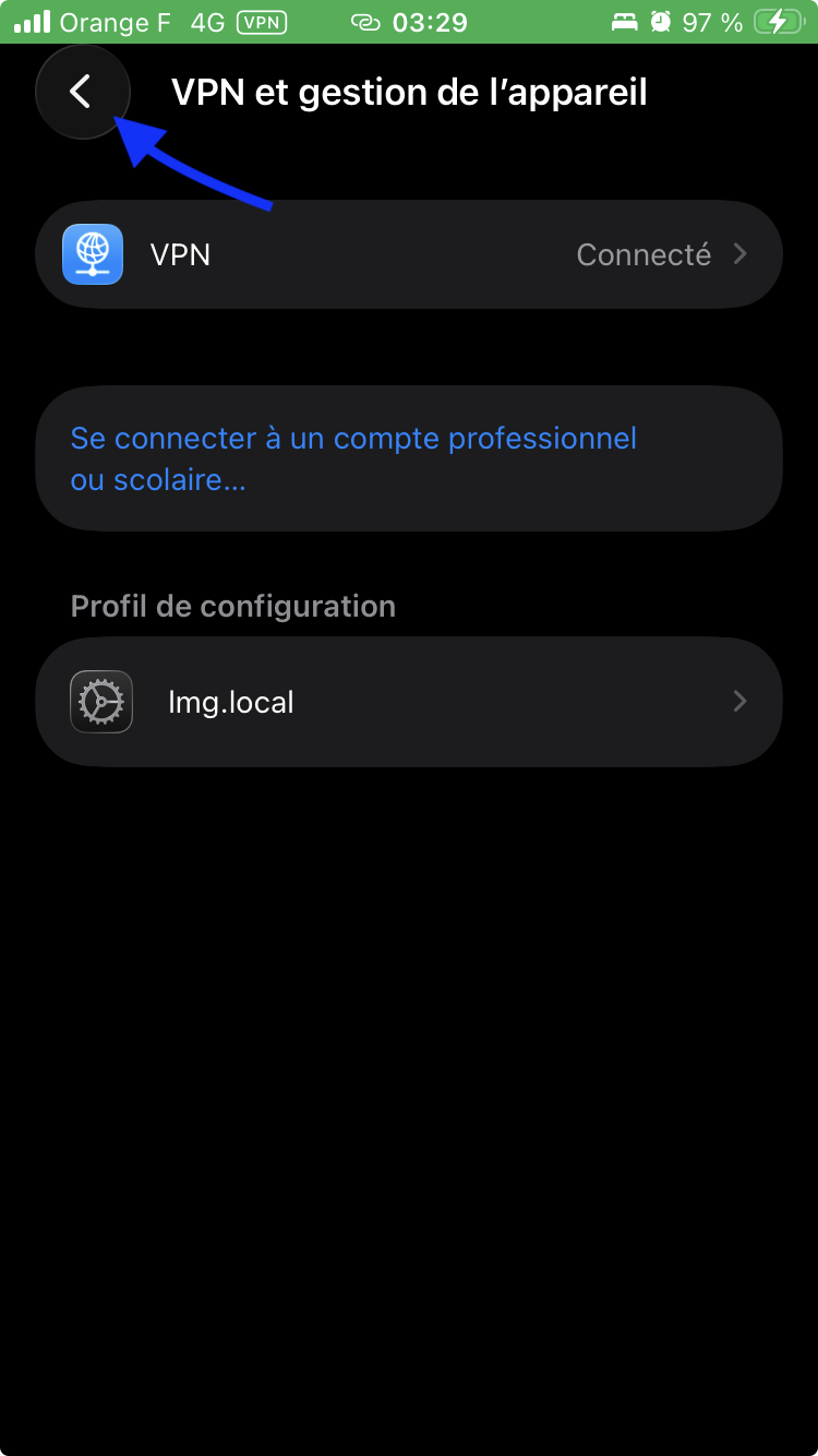 Revenir à l’écran VPN et gestion de l’appareil