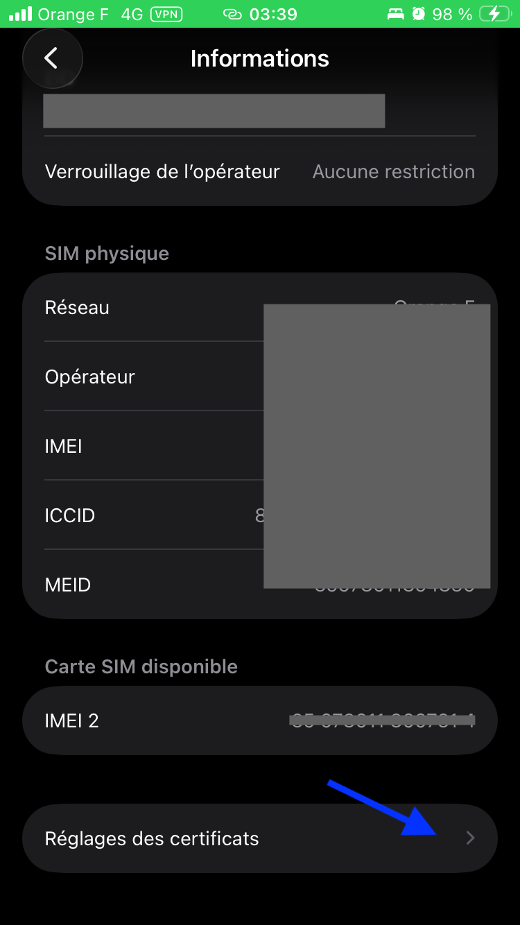 Toucher Réglages des certificats