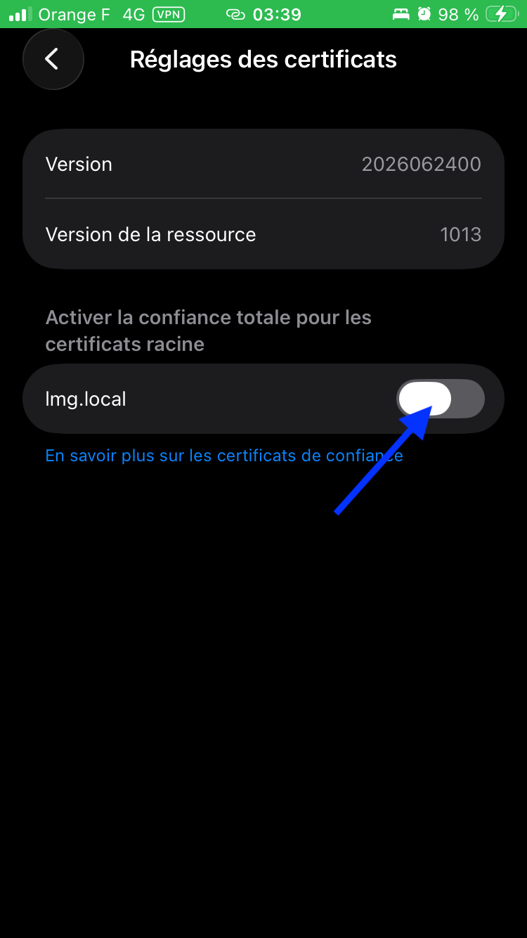 Activer l’interrupteur du certificat racine