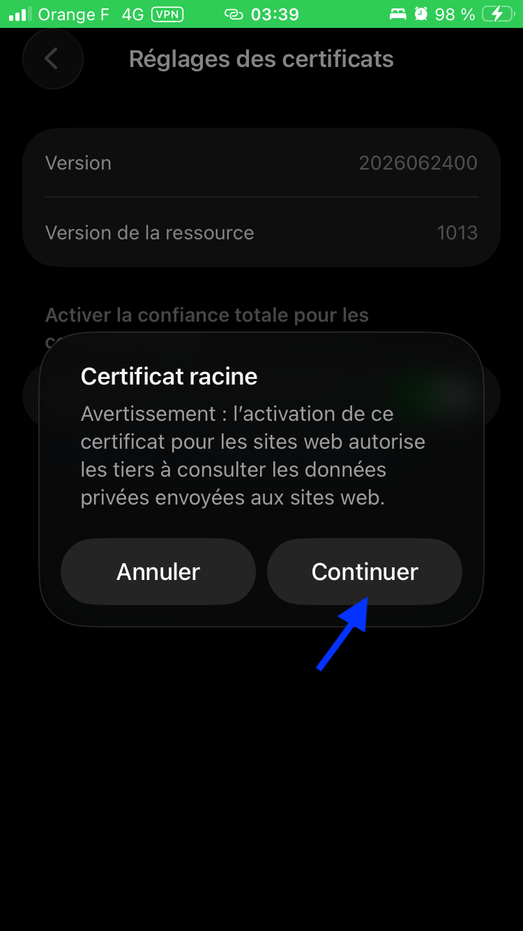 Toucher Continuer dans la fenêtre d’avertissement